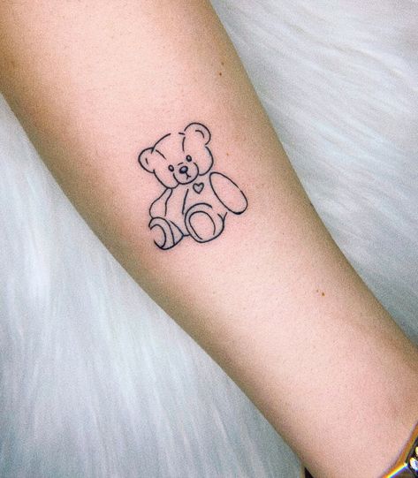 Teddy Bear Tattoo With Name, Bear Small Tattoo, Childhood Teddy Tattoo, Childhood Stuffed Animal Tattoo, Small Teddy Bear Tattoo, Teddy Bear Tattoo Small Simple, Cute Bear Tattoo, Brats Tattoo, Stuffed Animal Tattoo