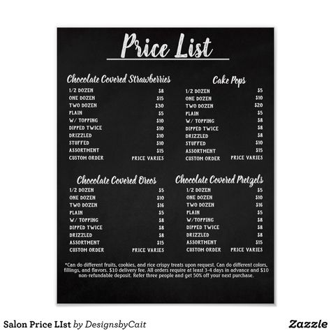 Salon Price LIst Poster https://www.zazzle.com/z/ac1sc7iw #ZazzleMade Sweet Treats Price List, Pop Up Shop Price List Ideas, Bake Sale Price List Template, Candy Apple Price List, Diy Price List Board, Bake Sale Pricing Guide, Cake Pop Pricing Chart, Cake Pops Price List, Party Planning Price List