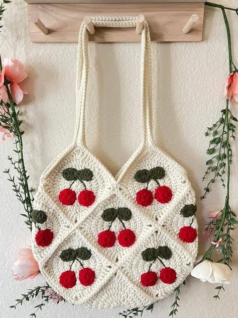 Cherry Granny Square Pattern, Crochet Cherry Bag, Cherry Granny Square, Cherry Crochet, Crochet Granny Square Bag, Granny Square Tote Bag, Sac Granny Square, Crochet Cherry, Tote Crochet