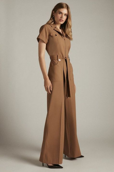 Polished Wool Blend Zip Safari Jumpsuit | Karen Millen Safari Jumpsuit, Brown Jumpsuit, Work Jumpsuit, Safari Outfit, Trendy Date Night Outfit, Camel Style, Brown Jumpsuits, Karen Millen Dress, Ladies Clothes Fashion