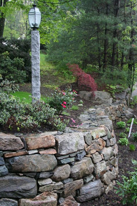 Retaining Wall Landscape, Rock Wall Landscape, Design With Nature, Natural Stone Retaining Wall, Backyard Plans, Rock Retaining Wall, Stone Walls Garden, Wall Landscape, Sloped Backyard Landscaping