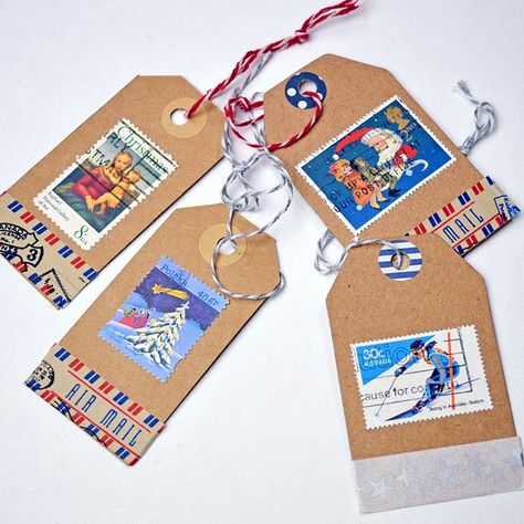 Use Old Postage Stamps to Make Unique Gift Tags - I have used postage stamps to make my Christmas gift tags this year.  You can use stamps with Christmas design... Stamp Collection Display, Postage Stamps Crafts, Personalized Christmas Tags, Diy Christmas Tags, Unique Gift Tags, Christmas Gifts To Make, Stamp Tag, Stamp Ideas, Old Stamps