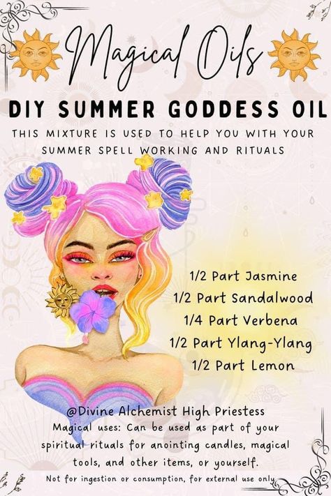 Healing Summer, Magick Oil, Essential Oil Perfumes Recipes, Summer Goddess, Perfume Recipes, Healing Magic, Magic Spell Book, Oil Diffuser Recipes, Wiccan Spell Book