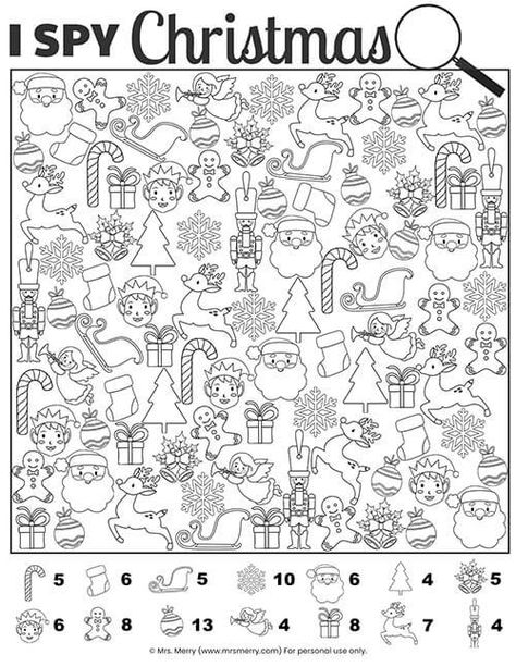 Free Printable I Spy Christmas Activity - Mrs. Merry I Spy Christmas, Christmas Printable Activities, Christmas Party Activities, Christmas Activity Book, Christmas Coloring Sheets, Activity Sheets For Kids, Christmas Worksheets, Christmas Activity, Christmas Activities For Kids