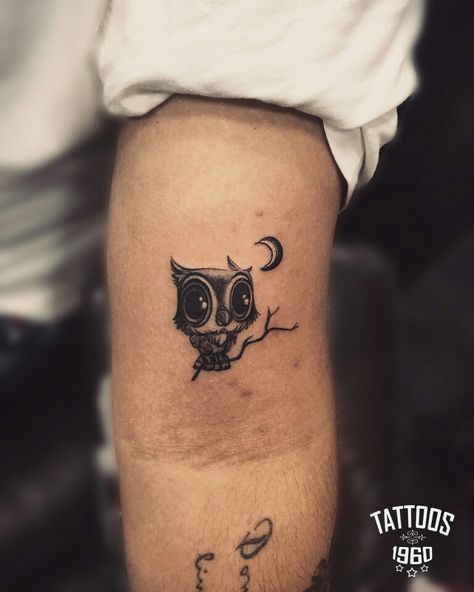 Cute tiny night owl tattoo moon with beautiful eyes Nocturnal Tattoo Design, Owl Moon Tattoo, Owl And Moon Tattoo, Night Owl Tattoo, Lower Arm Sleeve, Grandchildren Tattoos, Owl And Moon, Artistic Tattoos, Mamba Snake