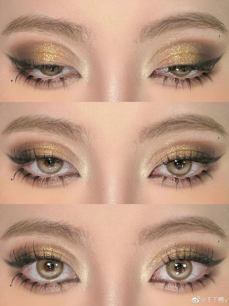 Gold Makeup For Prom, Doe Eyed Makeup, Aesthetic Eye Makeup, Face Transformation, Golden Eye Makeup, Aesthetic Eye, Golden Makeup, Ball Makeup, Maquillage On Fleek