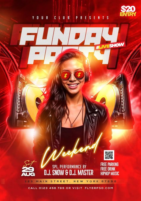 Free Flyer | Sunday Funday Club Party Flyer PSD | Flyer PSD Free Psd Poster, Party Design Poster, Free Flyer Design, Spa Flyer, Club Party Flyer, Concert Party, Free Psd Flyer Templates, Flyer Free, Music Club