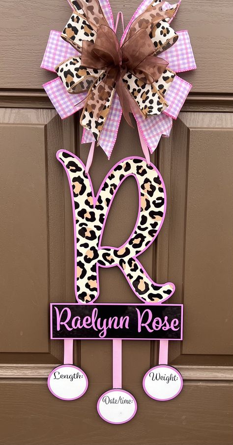 "This door hanger is made with lightweight materials , top is aluminum  (.02\")  printed with sublimation process (uv protected) and for the back  we use painted plywood  (.18\"). Size for the door hanger is  24-28\" from the bow to the bottom (main sign is 10-13\", middle plaque 4.5\", little plaques 3\" each, plus hanging ribbons). You can use a permanent marker to fill in the date, time, weight and length. Color and pattern of ribbons for the bow won't be exactly like the picture but will mat Door Hanger Baby Name, Twins Hospital Door Hanger, Welcome Baby Sign For Hospital, Baby Girl Door Hanger For Hospital, Diy Hospital Door Hanger, Newborn Door Hanger, Baby Girl Door Hanger, Boy Door Hanger, Baby Hospital Door Hanger