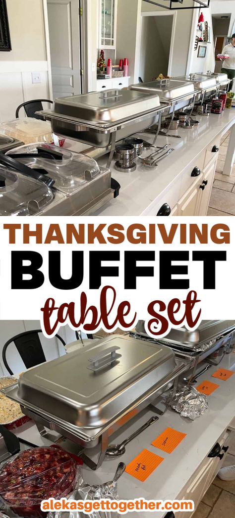 Throwing a Thanksgiving party this year? Then you need these tips and tricks for how to set up the most practical Thanksgiving buffet table set up! Thanksgiving Buffet Style, Setting Up Buffet On Kitchen Island, How To Set Up Thanksgiving Buffet Table, Thanksgiving Buffet Setup On Kitchen Island, Thanksgiving Set Up Buffet Tables, Chafing Dish Display Ideas, Buffet Set Up Ideas, Thanksgiving Buffet Setup, Thanksgiving Food Table Display