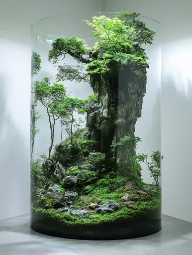 ↑↑↑ Larger size on website 🔸 A large, cylindrical glass terrarium contains a miniature forest. A rocky outcropping rises up, cove Miniature Forest, Water Terrarium, Glass Terrarium, Small Trees, Trees And Shrubs, Soft Light, Soft Lighting, Terrarium, Rocky