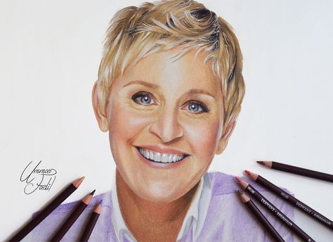 Ellen Degeneres -- Derwent coloursoft pencils. by f-a-d-i-l on DeviantArt Derwent Coloursoft, Colored Pencil Artwork Ideas, First Drawing, Colored Pencil Artwork, Drawing Face, 7 Hours, Ellen Degeneres, Colored Pencil, Tim Holtz