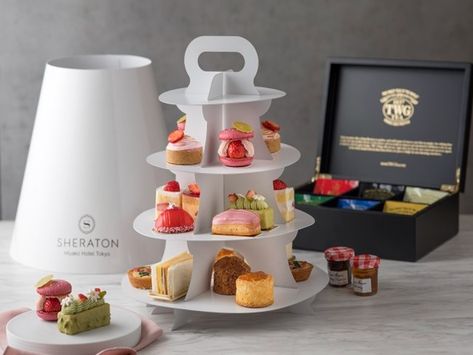 Afternoon Tea Packaging, Bakery Packaging Design, Strawberry Sweets, Three Tier Cake Stand, Twg Tea, Milk Jelly, Matcha Cheesecake, Takeaway Packaging, Tea Display