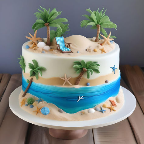 Beach Birthday Cakes For Men, Beach Cupcake Cake, Palm Tree Cake, Hawaiian Theme Cakes, Palm Tree Cakes, Tropical Birthday Cake, Summer Birthday Cake, Beach Birthday Cake, Beach Cupcakes