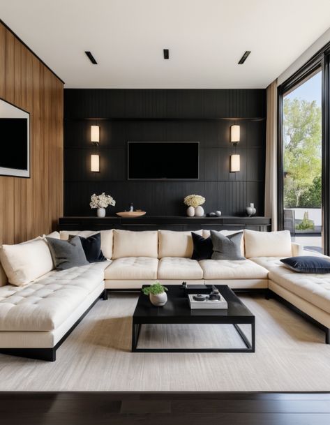 50 Black Living Room Ideas For A Bold And Sophisticated Space Black White Walnut Living Room, Black Beige Wood Living Room, Black White And Natural Wood Living Room, Beige Black Living Room, Beige And Black Living Room, Black Living Rooms, Tamil Temple, Black Living Room Ideas, Walnut Living Room