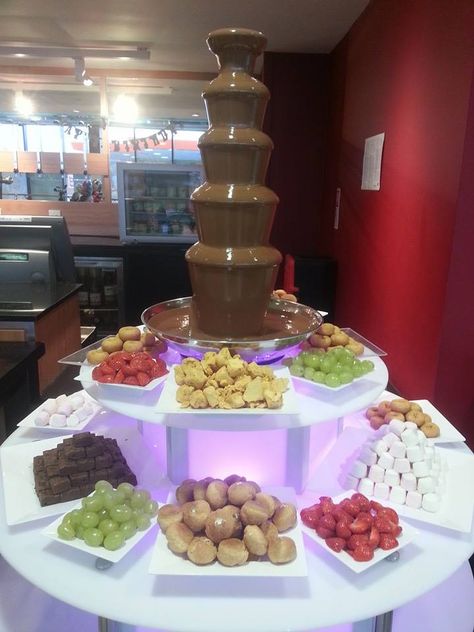 Chocolate fountain set up - by Deeply Dippy chocolate fountain hire (business page can be found on facebook) Chocolate Fountain Bar, Chocolate Fountain Recipes, Quinceañera Ideas, 13 Birthday Cake, Chocolate Fountain, Giant Chocolate, Fruit And Vegetable Carving, Adventure Seeker, Fruit Bar