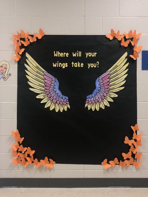 Bulletin board Where will your wings take you? Photo op Classroom Door Decor Ideas, Cool Bulletin Boards, Classroom Door Decor, Door Decor Ideas, Art Bulletin Boards, Primary School Art, File Decoration Ideas, School Board Decoration, Collaborative Art Projects