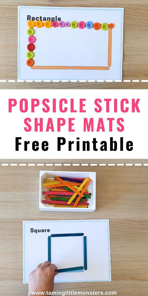 Popsicle Stick Shape Mats, Popsicle Learning Activities, Shape Popsicle Sticks, Infant Shape Activities, Shapes Activities For Preschoolers, Outdoor Shape Activities, Popsicle Stick Fine Motor Activity, Trapezoid Craft Preschool, Colored Popsicle Stick Activities