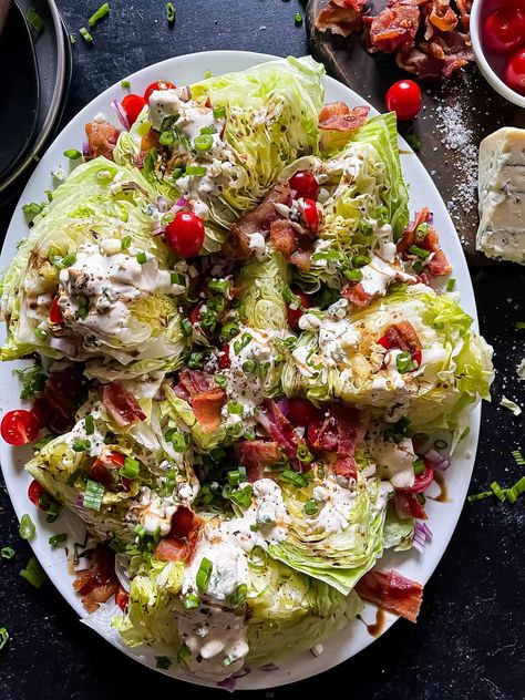 Wedge Salad With Blue Cheese Dressing Salad Recipes Blue Cheese, Wedge Salad Dressing, Classic Wedge Salad, Salad Thanksgiving, Wedge Salad Recipes, Lettuce Wedge, Blue Cheese Salad, Classic Salad, Wedge Salad