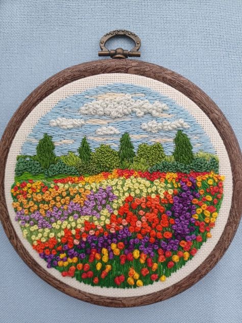 Flower Garden Embroidery Designs, Scenery Embroidery Designs, Flower Field Embroidery, Embroidery Landscape Pattern, Landscape Embroidery Ideas, Garden Embroidery Patterns, Big Embroidery Designs, Embroidery Landscape Easy, Garden Embroidery Designs