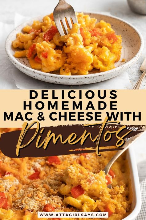 This creamy side dish combines two southern classics – pimento cheese and macaroni and cheese. This homemade Pimento Mac and Cheese recipe contains two types of cheese, roasted red peppers and a crunchy bread crumb topping. The ultimate comfort food Pimento Mac And Cheese, Bread Crumb Topping, Roasted Jalapeno, Baked Macaroni, Mac And Cheese Recipe, Pimento Cheese, Types Of Cheese, Crumb Topping, Mac N Cheese Recipe