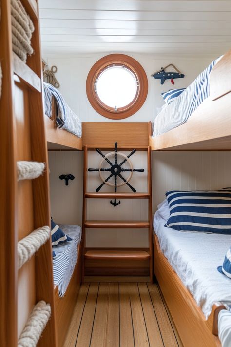 See some clever ideas for the perfect family bunk room to keep kids and relatives both happy! Yacht Bedroom, Lake House Bunk Rooms, Beach House Bunk Room, Bunk Beds Small Room, Bunk Room Ideas, Porthole Window, Bunk Rooms, Top Bunk, Secret Storage