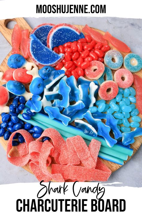 Gummy Candy Charcuterie Board, Sharkcuterie Board, Shark Gummies, Shark Recipes, Shark Candy, Sour Strips, Candy Charcuterie Board, Charcuterie Trays, Swedish Fish Candy