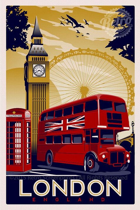 Screen Print Poster, London Poster, Deco Poster, Poster City, Retro Travel Poster, City Poster, Art Deco Posters, Vintage Poster Art, Poster Vintage