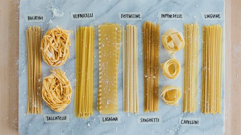 From Agnolotti to Ziti: A Picture Guide to Pasta Types Pasta Noodle Types, Making Pasta From Scratch, Ribbon Pasta, Noodle Ideas, Round Pasta, Things To Learn About, Noodles Ideas, Salad Appetizer Cups, Braised Chicken Breast