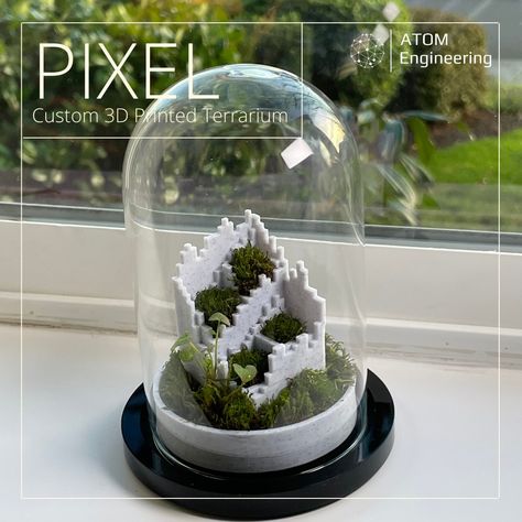 Introducing *PIXEL*    ---  A 3D printable and custom-designed terrarium insert.     Simply print the model then add the organic material of your choice, resulting in whatever theme you're trying to achieve, anywhere from a desert terrarium using sand and cacti to a mossy jungle-themed terrarium.     Printed using Marble Duramic 3D PLA+ 1.75mm filament.    [Purchase Marble Filament Here](https://www.amazon.com/dp/B083J7CYKM?maas=maas_adg_C8B6750C116658BC92D4909898A87D1A_afap_abs&ref_=aa_maas&ref=myi_titl Desert Terrarium, Basic Geometry, Glass Dome Display, Garden Bathroom, Moss Terrarium, Organic Decor, Engineering Projects, Arduino Projects, Glass Display