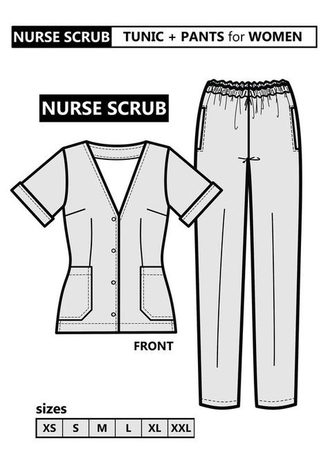 PDF printable industrial sewing pattern. Healthcare uniform: SLIM FIT (darted) TUNIC / JACKET - for women + PULL ON PANTS.   For woven fabrics (with or without spandex) 6 Sizes: XS-S-M-L-XL-XXL (International - US)   Pages needed (A4/letter): TUNIC - JACKET: 30 PANTS: 28  2 PATTERN FILES INCLUDED A) LAYERED PDF file (for POSTER home printing or plotter printing): You can choose the size you want to print. This file includes ALL 6 SIZES.  B) HOME PRINTING FILE: (letter size): This file includes A Scrubs Uniform Pattern, Nursing Scrubs Pattern, Scrubs Pattern, Healthcare Uniforms, Doctor Scrubs, Nurse Scrubs, Plus Size Sewing Patterns, Hospitality Uniform, Bodice Pattern