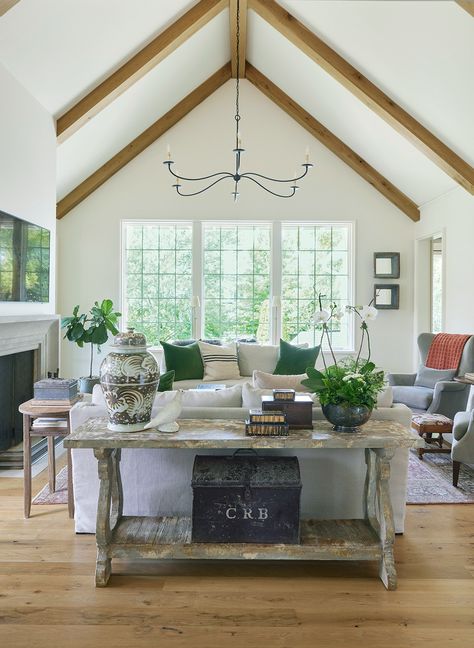 Designing Comfort: A Home Renovation Story in Homewood Natural Wood Beams, Screened Porch Addition, White Oak Front Doors, Living Room With Vaulted Ceiling, Room With Vaulted Ceiling, Limestone Fireplace Surround, Porch Addition, Dormer Windows, Vaulted Ceilings