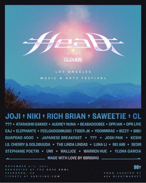 88rising Announces Lineup For Head In The Clouds Festival 2021 Ylona Garcia, American Festivals, Dpr Live, Vaporwave Art, Vip Tickets, Head In The Clouds, At Noon, Music Labels, Vintage Poster Art