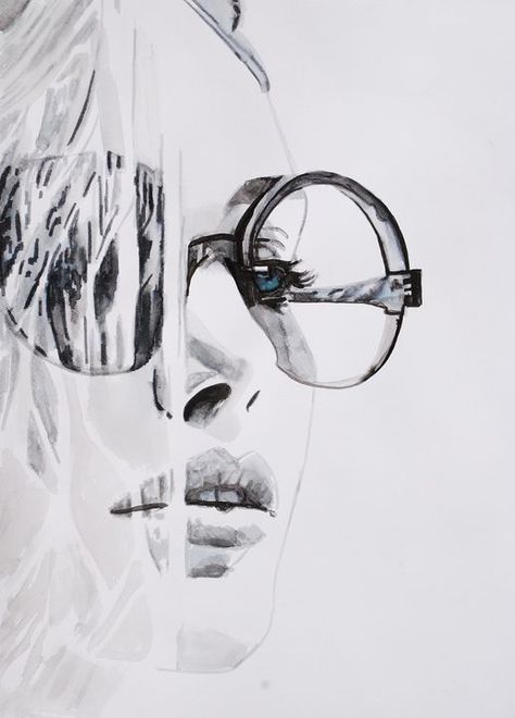 Girl Eyes Drawing, Glasses Sketch, Paper Style, Painting Subjects, Ink Watercolor, Drawing Ink, Girl With Sunglasses, Sketch Inspiration, Watercolor On Paper