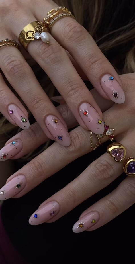 Spunky Nail Designs, Rainbow Jewel Nails, His And Her Matching Nails, Dua Lipa Nails 2024, Simple Bedazzled Nails, Multi Color Gem Nails, February Birthday Nails Almond, New Year Nail Inspo 2024, Minimal Birthday Nails