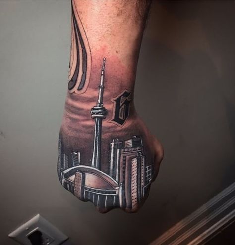 Toronto Skyline Tattoo, Black Widow Tattoo, Toronto Tattoo, Canada Tattoo, Middle Finger Tattoos, Skyline Tattoo, Tattoo Toronto, Black Line Tattoo, Paradise Tattoo