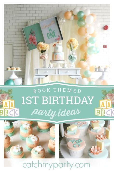 Take a look at this gorgeous book themed 1st birthday party! The cupcakes are adorable! See more party ideas and share yours at CatchMyparty.com #catchmyparty #partyideas #books #girlbirthdayparty Books Theme Party Decorations, Books First Birthday Party, Books Theme Birthday Party, Story Book 1st Birthday, Book Theme 1st Birthday Party, Clever First Birthday Theme, Storybook Birthday Party Ideas, Book Themed First Birthday Girl, Birthday Party Book Theme