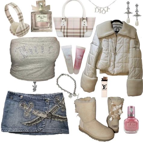 Cute Angelic Outfits, Aesthetic Y2k Fashion, 2000s Fashion Outfits Juicy Couture, Chanel 2000s Fashion, Y2k Fashion Cute, Y2k Outfits With Uggs, Cute Fits Y2k, Winter Fashion Outfits Y2k, Uggs Outfit Y2k