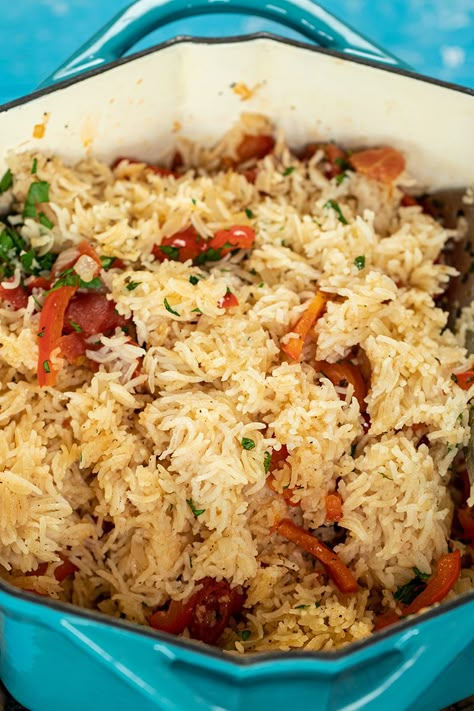 Bourani: Greek Rice Pilaf with Bell Peppers & Tomato from Volos - Dimitras Dishes Rice Respies, Greek Pilaf, Greek Rice Pilaf, Vegetarian Bites, Tomato Rice Recipe, Grain Dishes, Dimitras Dishes, Rice Dishes Recipes, Greek Rice