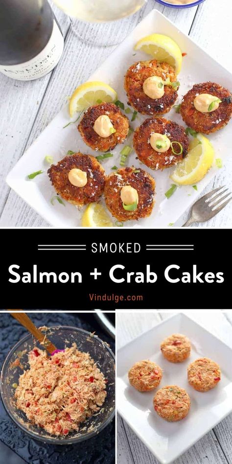 A fresh recipe for Smoked Salmon and Dungeness Crab Cakes. These crab cakes let the seafood shine without a lot of fillers! Salmon And Crab Cakes, Salmon Crab Cakes, Smoked Crab Cakes, Dungeness Crab Cakes Recipe, Crab Cake Appetizer Wedding, Crab Cake Bites, Crab Cake Appetizer, Dungeness Crab Cakes, Dungeness Crab Recipes