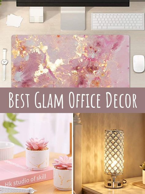 Best Glam Office Decor Ideas to Make You Feel Chic - PinkPopDesign Glam Home Office Ideas, Pink Office Ideas, Office Decor Ideas For Work Workspaces, Pink Gold Office, Cricut Office, Womens Office Decor, Work Cubicle Decor, Women Office Decor, Glam Office Decor