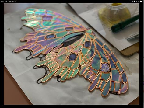 Leaf Artwork, Stained Glass Butterfly, Stained Glass Diy, Iridescent Blue, Stained Glass Crafts, Glass Butterfly, December 23, Stained Glass Designs, Copper Patina