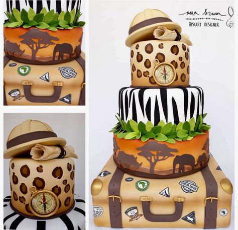 Bolo Fake Safari, Jungle Birthday Cakes, Jungle Theme Cakes, Safari Cake, Wild Birthday Party, Monkey Cake, Jungle Cake, Safari Cakes, Mickey Safari