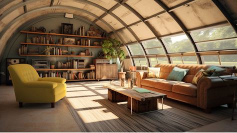 16 Reasons Why Living In A Quonset Hut Makes Perfect Sense Quonset Homes Interiors, Quonset Hut Garage, Quonset House Floor Plans, Quanza Hut House, Conservatory Roof Ideas, Quonset House, Arched Cabins, Hangar Homes, Hexagon House