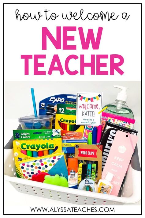 Are you a mentor teacher wondering how to welcome a new teacher to your team this school year? Click through for some ideas! New Teacher Welcome Basket, Student Teacher Welcome Gift, Teacher Welcome Gifts, First Year Teacher Gifts, Welcome Basket Ideas, Welcome New Teachers, Teaching Gifts, Decorating Classroom, Team Treats