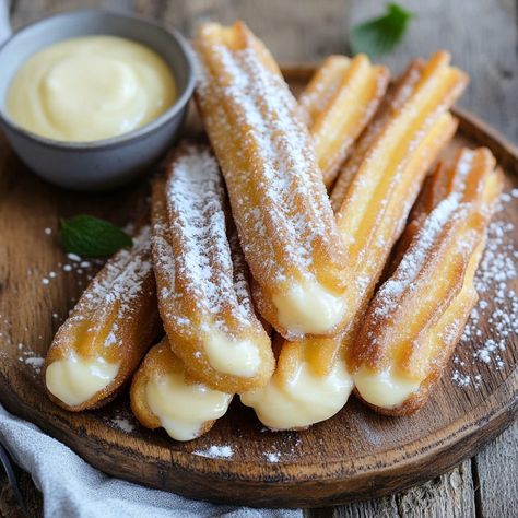 Vanilla Cream Filled churro - Cream Filled Churros Churro Filling Recipes, Filled Churros Recipe, Churros Aesthetic, Best Churros Recipe, Stuffed Churros, Filled Churros, Spanish Snacks, Vanilla Cream Filling, Homemade Churros