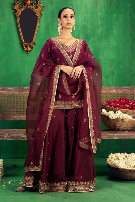 Buy Wine Chanderi Embroidery Dori Broad V Neck Kurta Sharara Set For Women by Jigar Mali Online at Aza Fashions. Broad V Neck, Simple Engagement Dress, V Neck Kurta, Indian Dress Up, Wine Colored Dresses, Sharara Designs, Bridal Jewelry Sets Brides, Kurta Sharara Set, Kurta Sharara