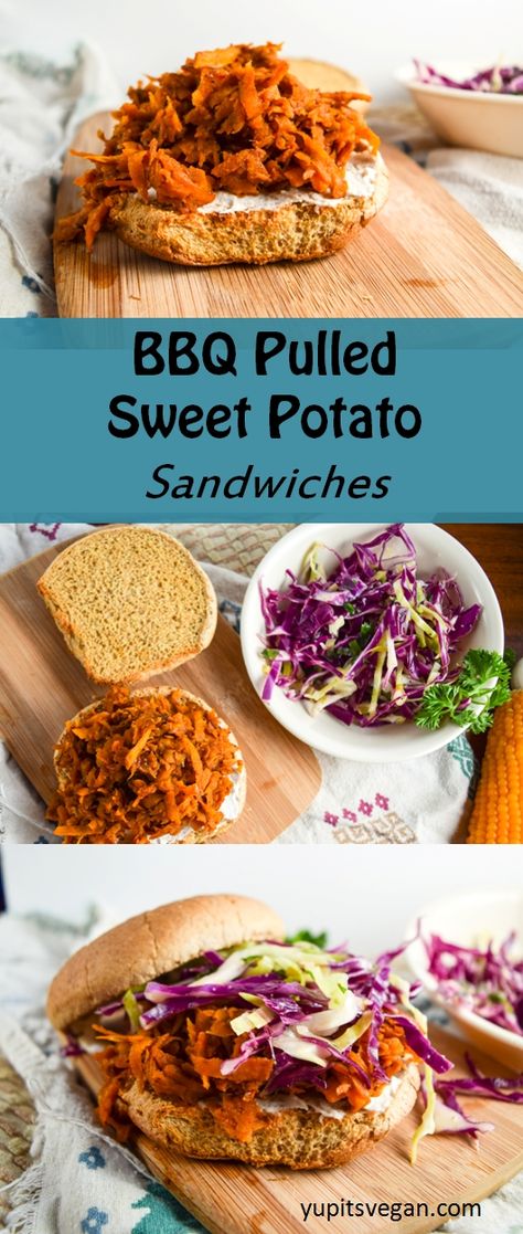 BBQ Pulled Sweet Potato Sandwiches | yupitsvegan.com. Shredded sweet potato braised in BBQ sauce makes for the perfect #vegan sandwich filling. Vegan Sandwich Filling, Shredded Sweet Potato, Vegan Grill, Burger Vegetarian, Vegan Superfoods, Potato Sandwich, July Recipes, Taco Pizza, Vegan Bbq