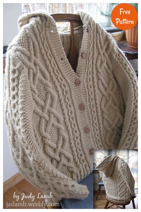 Cable Knit Crochet Pattern, Hooded Cardigan Pattern, Free Aran Knitting Patterns, Cardigan Tutorial, Cable Knit Sweater Pattern, Aran Sweaters, Aran Cardigan, Aran Knitting Patterns, Hood Pattern