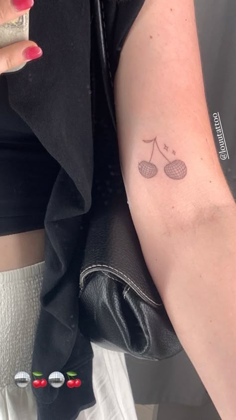 #tattoo #inspiration #cherry #disco #hs #cherrytattoo #discotattoo #tattooideas #instagram #instastory Cherry Mirrorball Tattoo, Mini Disco Ball Tattoo, Disco Cherry Tattoo, Disco Ball Cherry Tattoo, Cherry Disco Ball Tattoo, Tiny Disco Ball Tattoo, Disco Tattoo, Cute Dainty Tattoos, Cherry Disco Ball