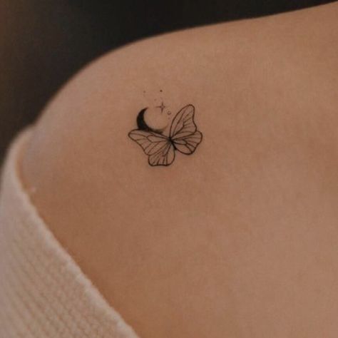 Moon Butterfly Tattoo, Moon Star Tattoo, Partner Tattoos, Cute Simple Tattoos, Moon Butterfly, Branch Tattoo, Fantasy Tattoos, Small Pretty Tattoos, Petite Tattoos